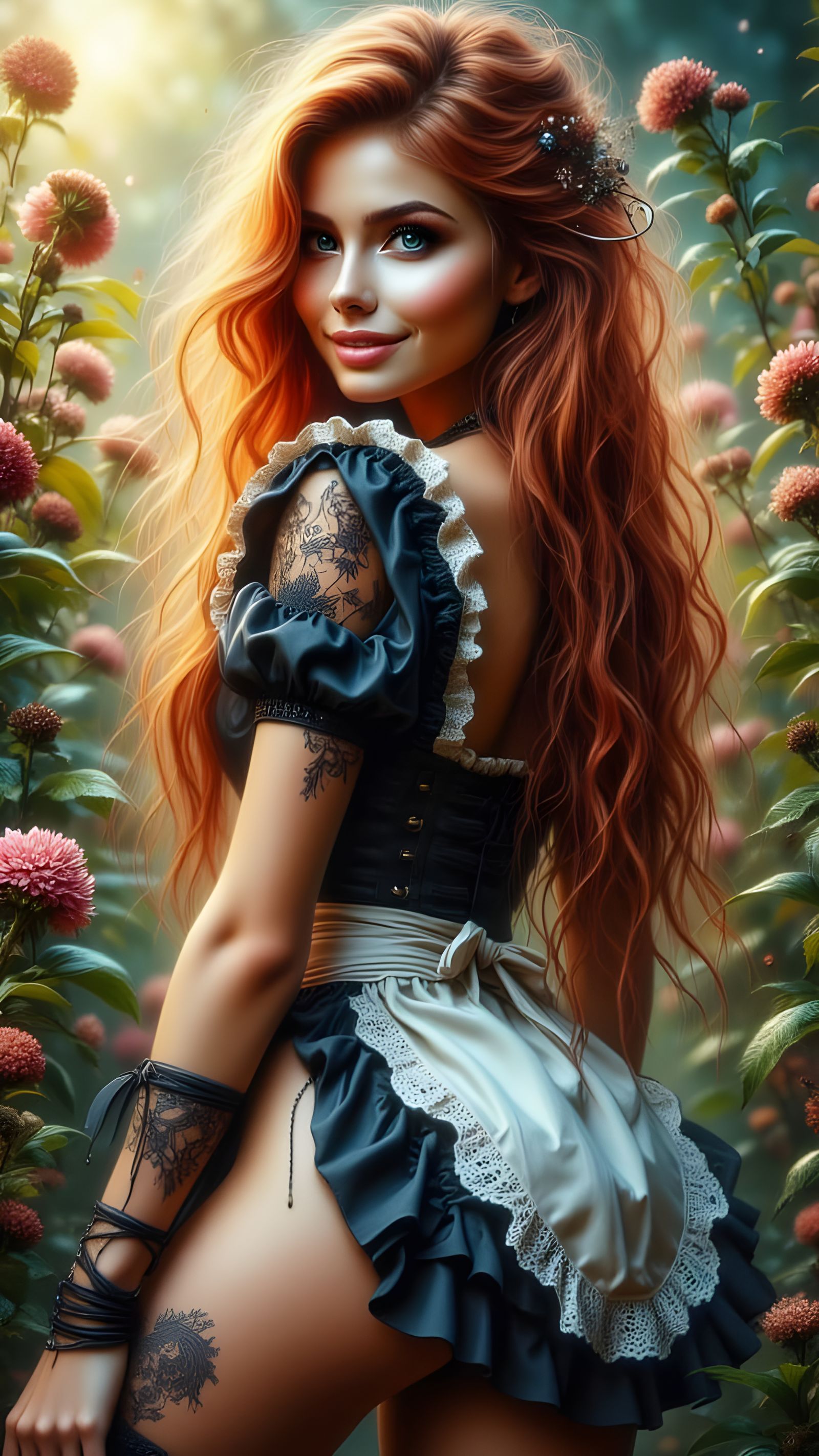 A beautiful French Maid with tattoos standing in the midst o...