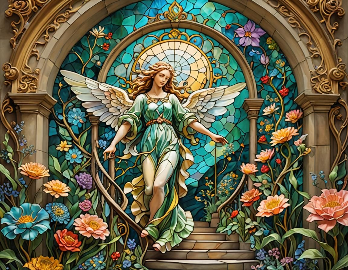Stained Glass Beautiful Angel descending a Dali inspired  st...