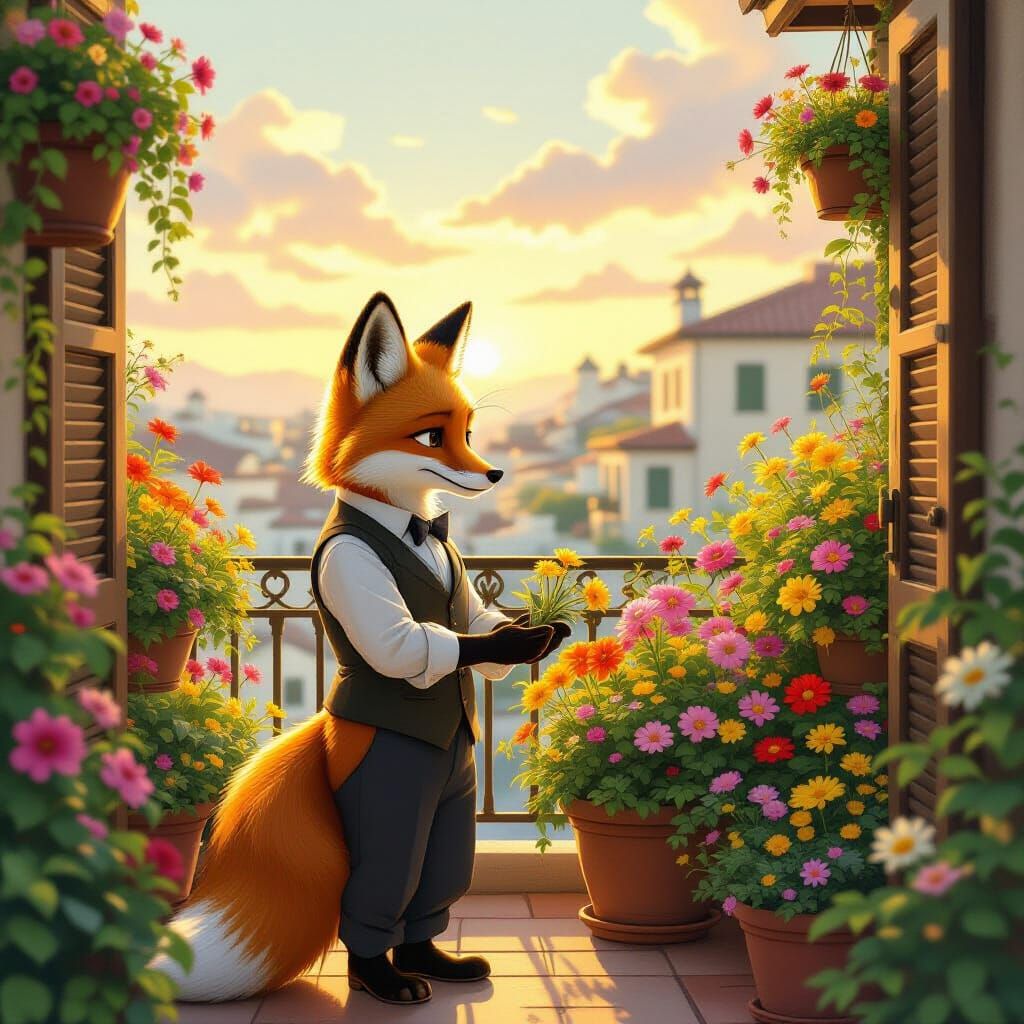 Anthropomorphic Fox Tends Enchanted Balcony Garden