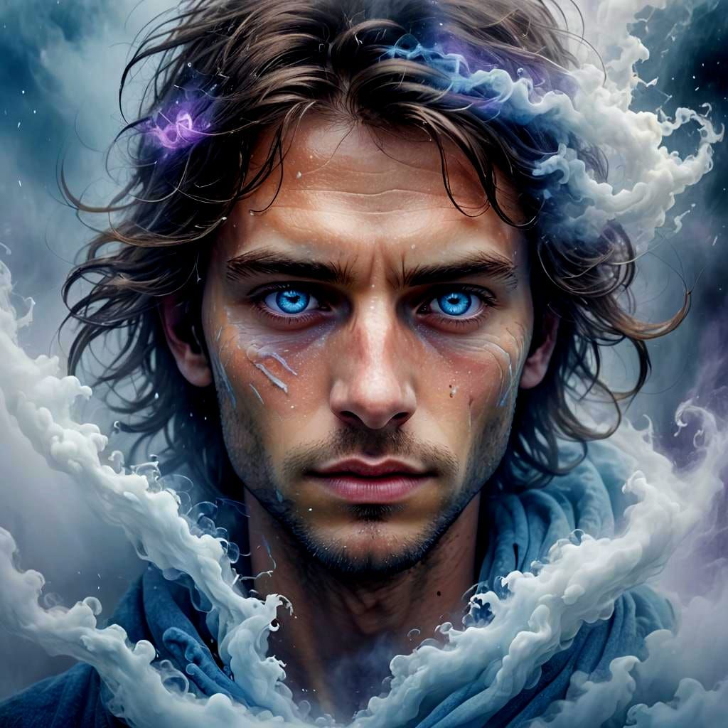 Ethereal Blue Eyes Amidst Swirling Pastel Mist
