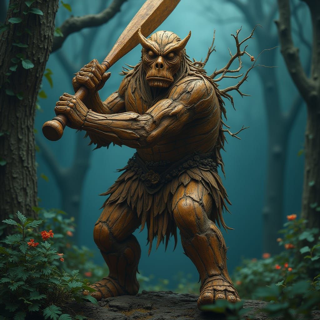 Wooden Man with Bat in Lush Forest: Matte Painting