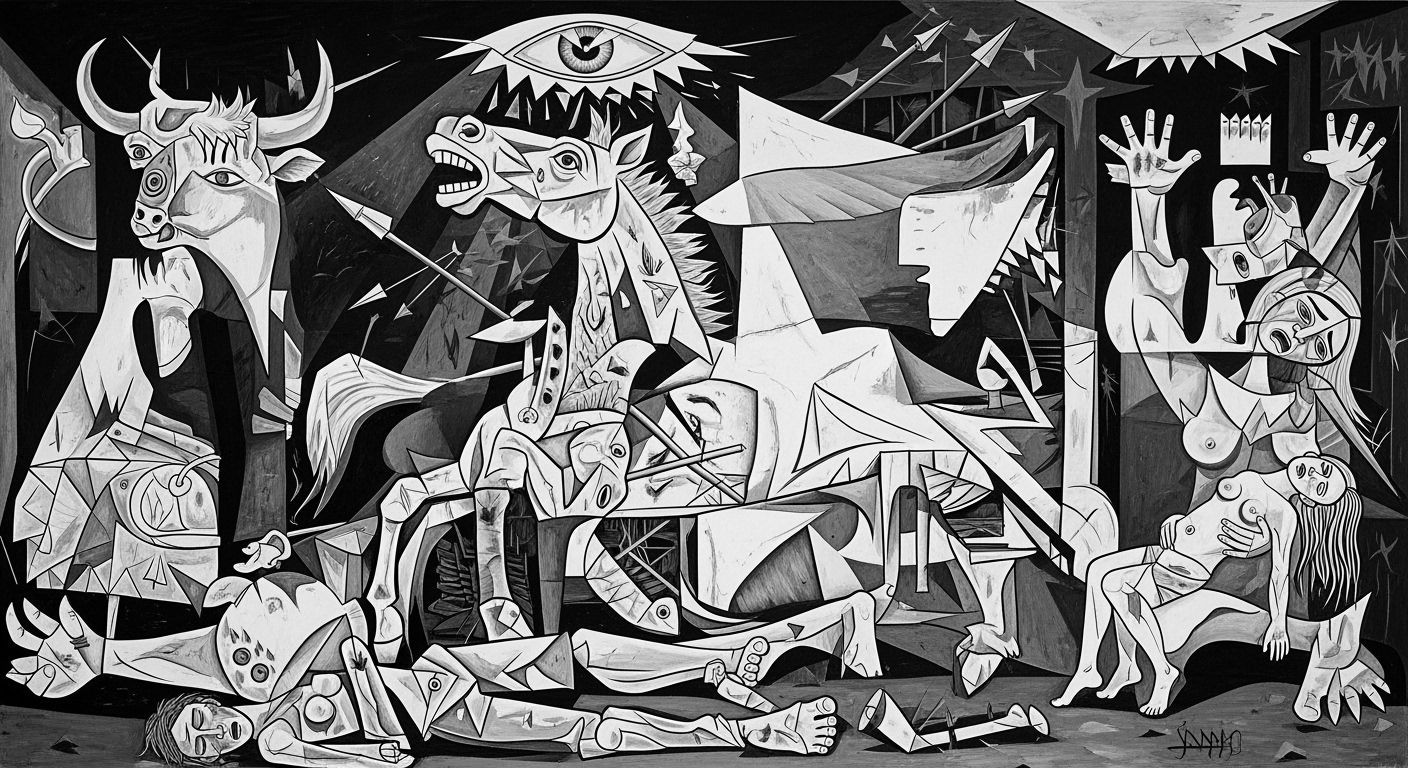 Surrealist War Painting in Black, White, Gray