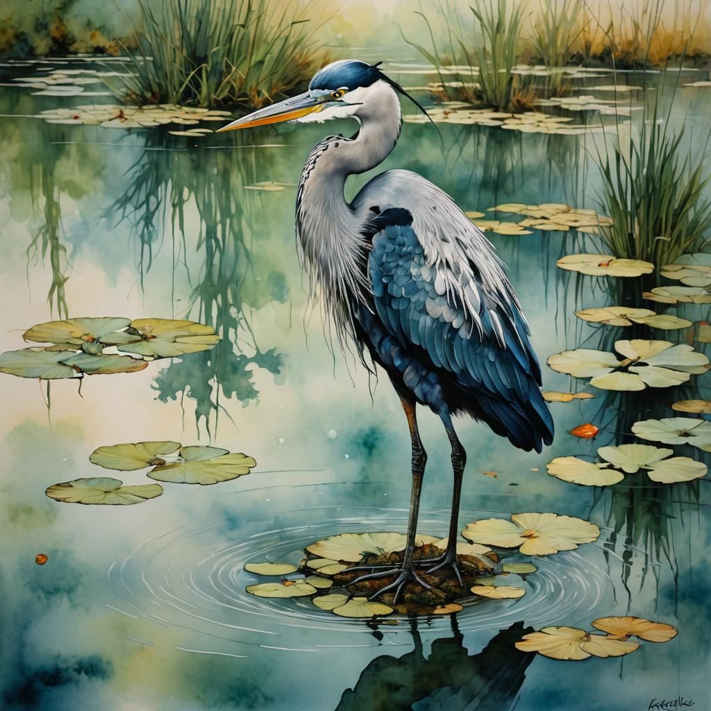 Heron in Pond: Alcohol-Ink Neurographic Art