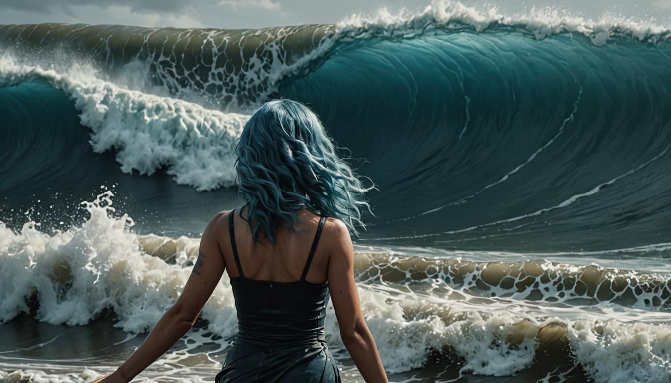 Blue-Haired Woman in Ocean Wave: Hyperrealistic Digital Art