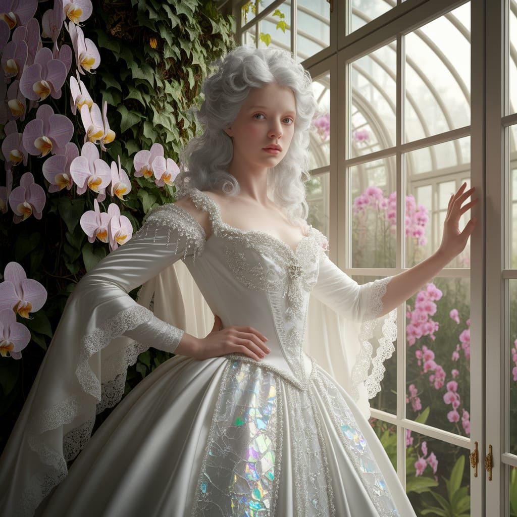 Albino Woman in Victorian Gown by Window