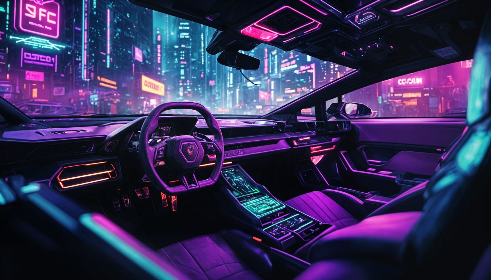 Cyberpunk Car Cockpit in Rainy Neon Night