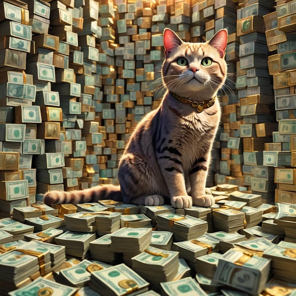 Cat Surrounded by Money: Pixar-Style Digital Art