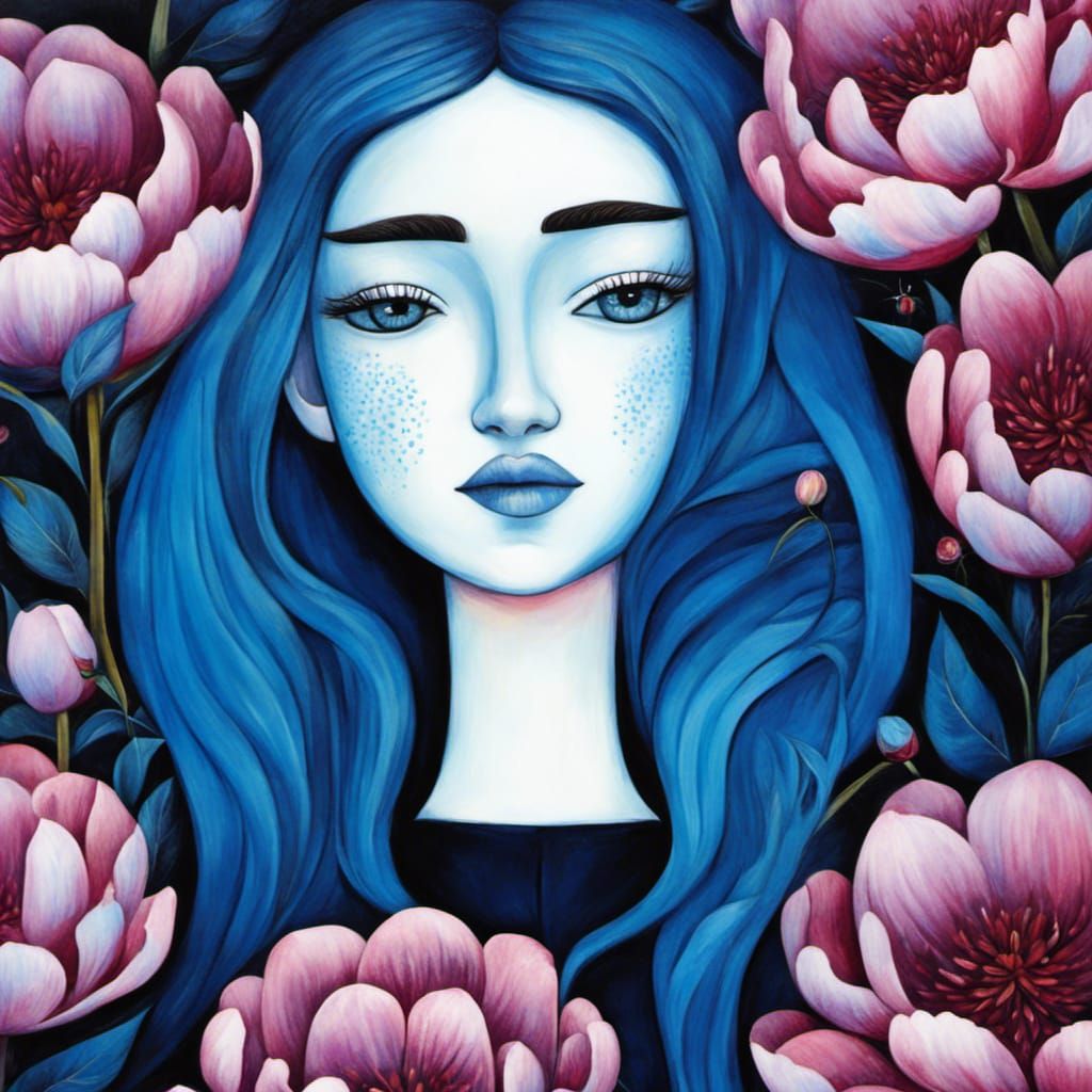 Blue Girl with Peonies in Art Brut Style