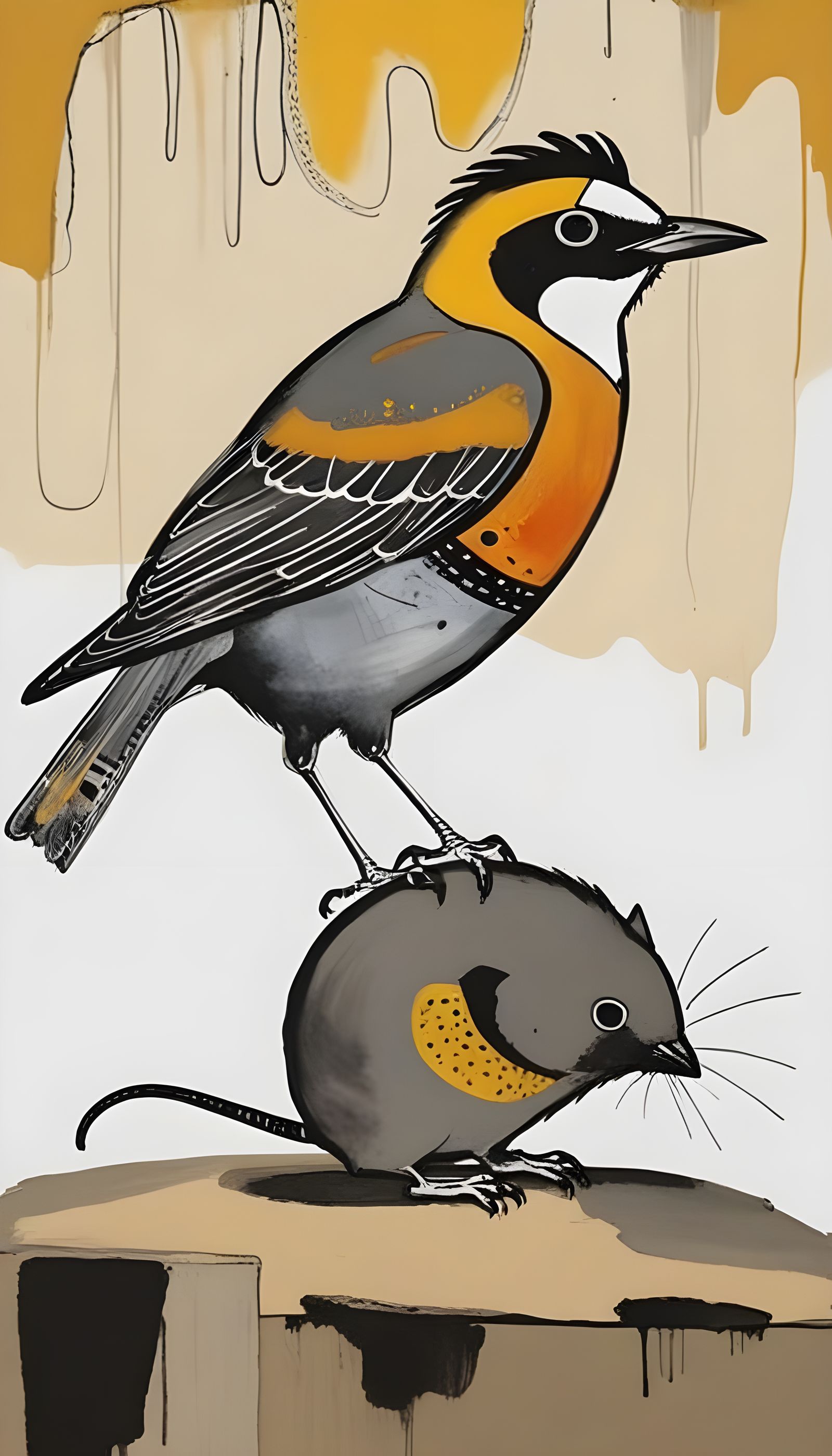 Surrealist Bird and Mouse Duo in Minimalist Black Ink