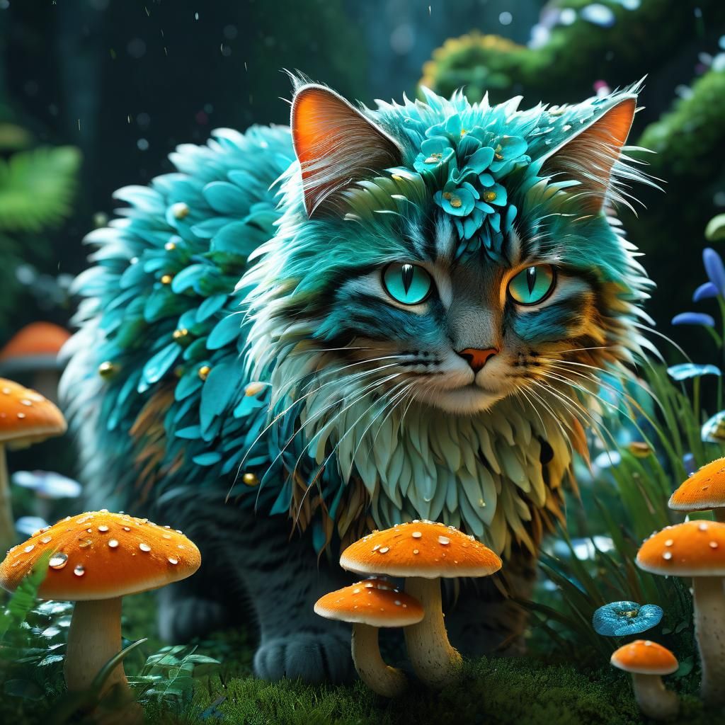 Fluffy Mossy Cat in Enchanted Flower Garden