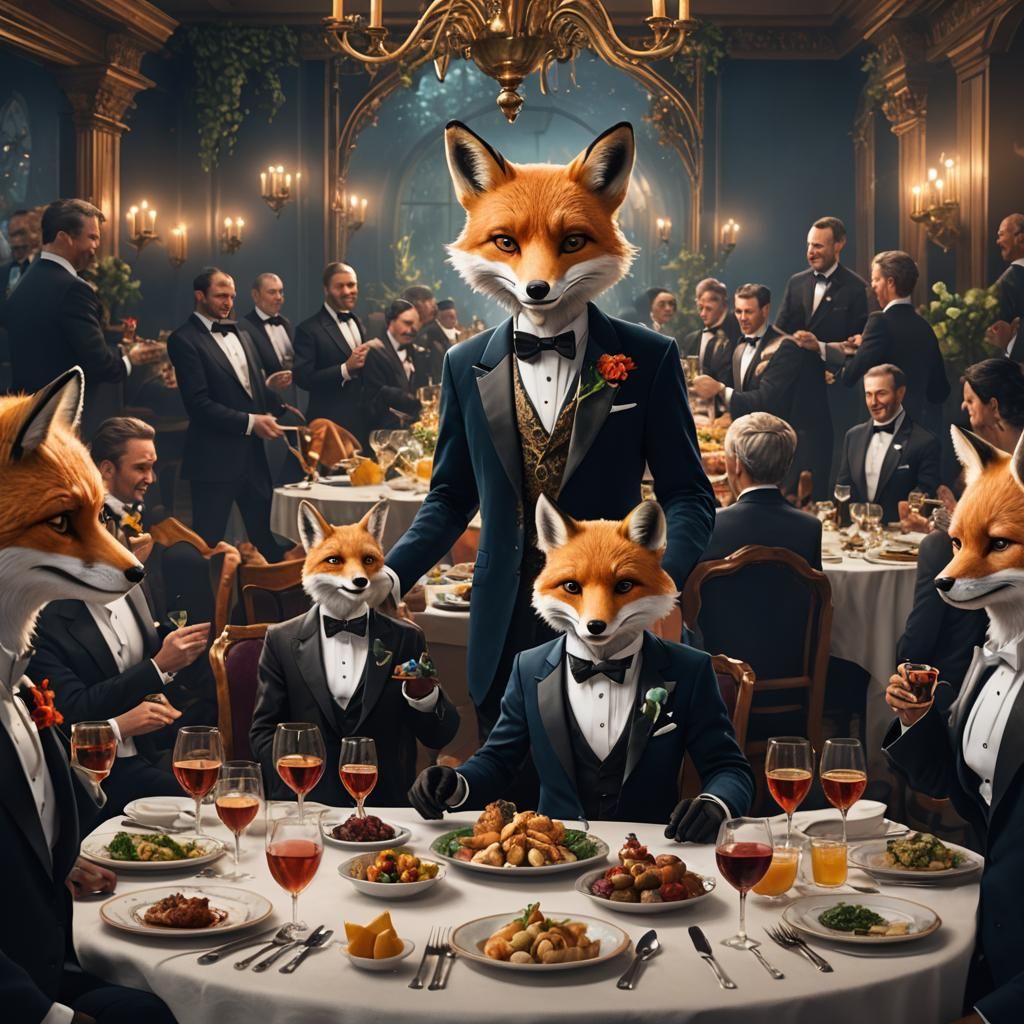 Fox in Tuxedo at Dinner Party: Detailed Matte Painting