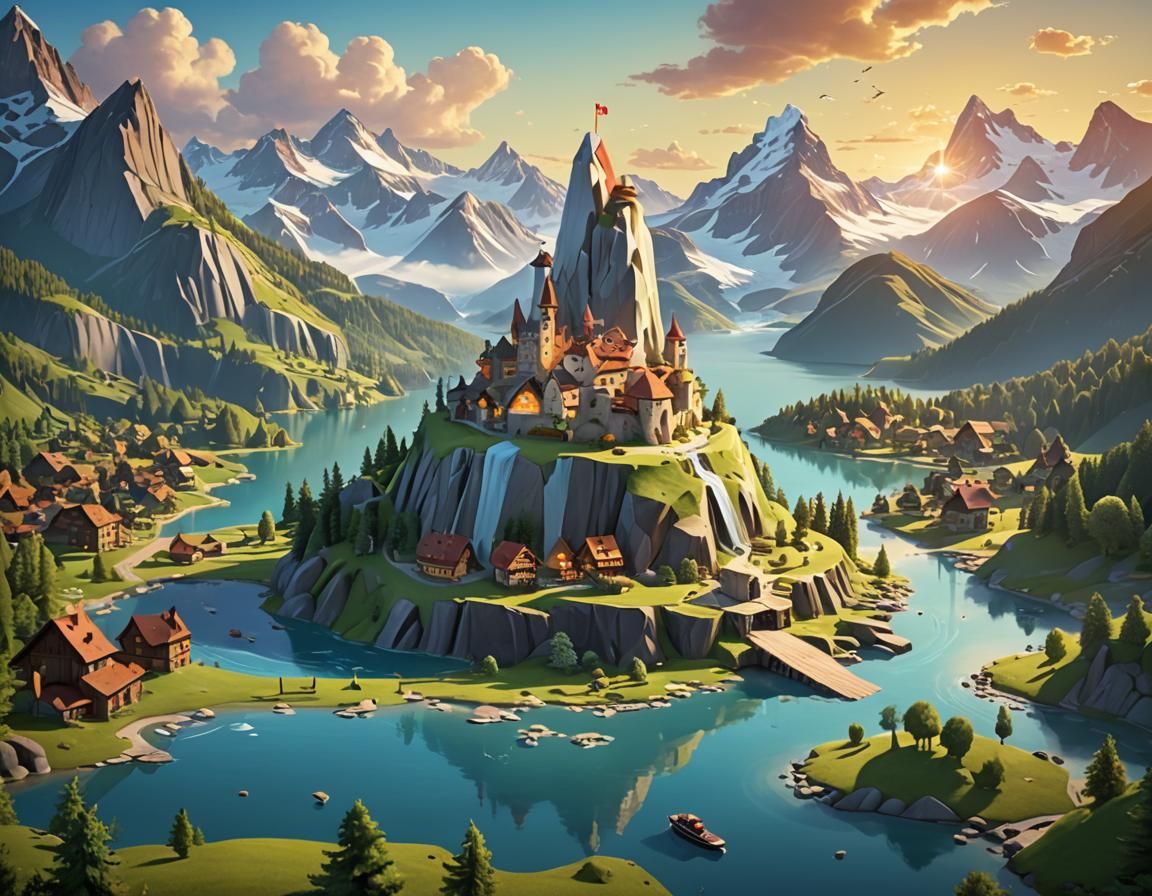 Cheese Mountain Village: 3D Digital Art