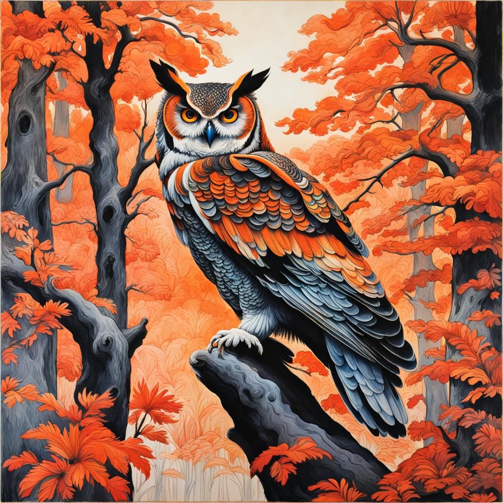 Monochromatic Owl in Forest, Ink Wash Style