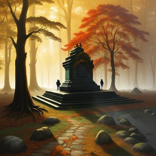 Autumn Gathering in Forest: Oil Painting in Golden Light