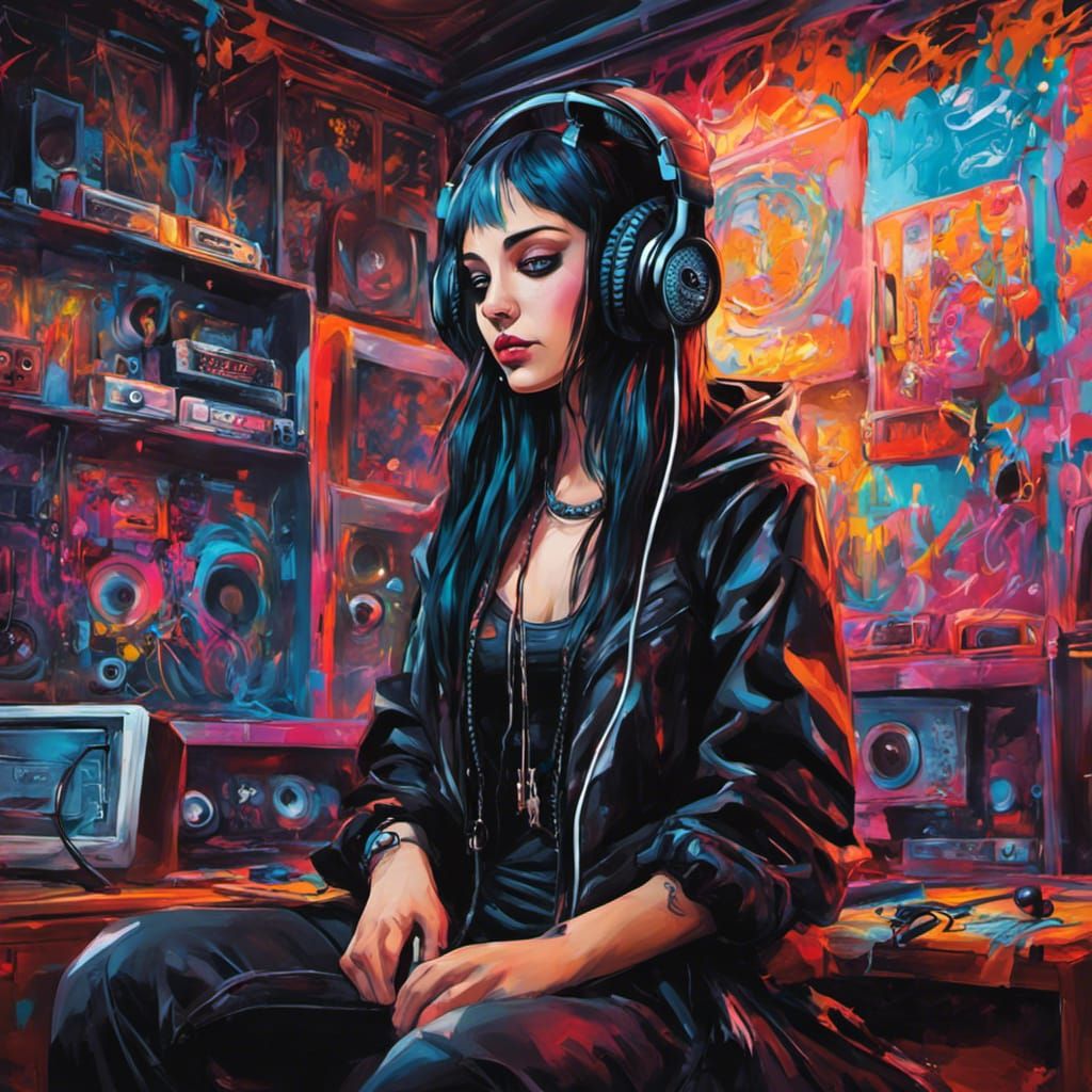 Cute Goth Girl in Gothic Bedroom with Graffiti Art
