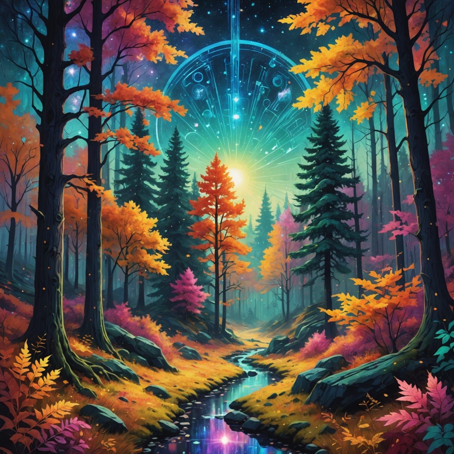 Holographic Cosmic Fall Forest Illustration