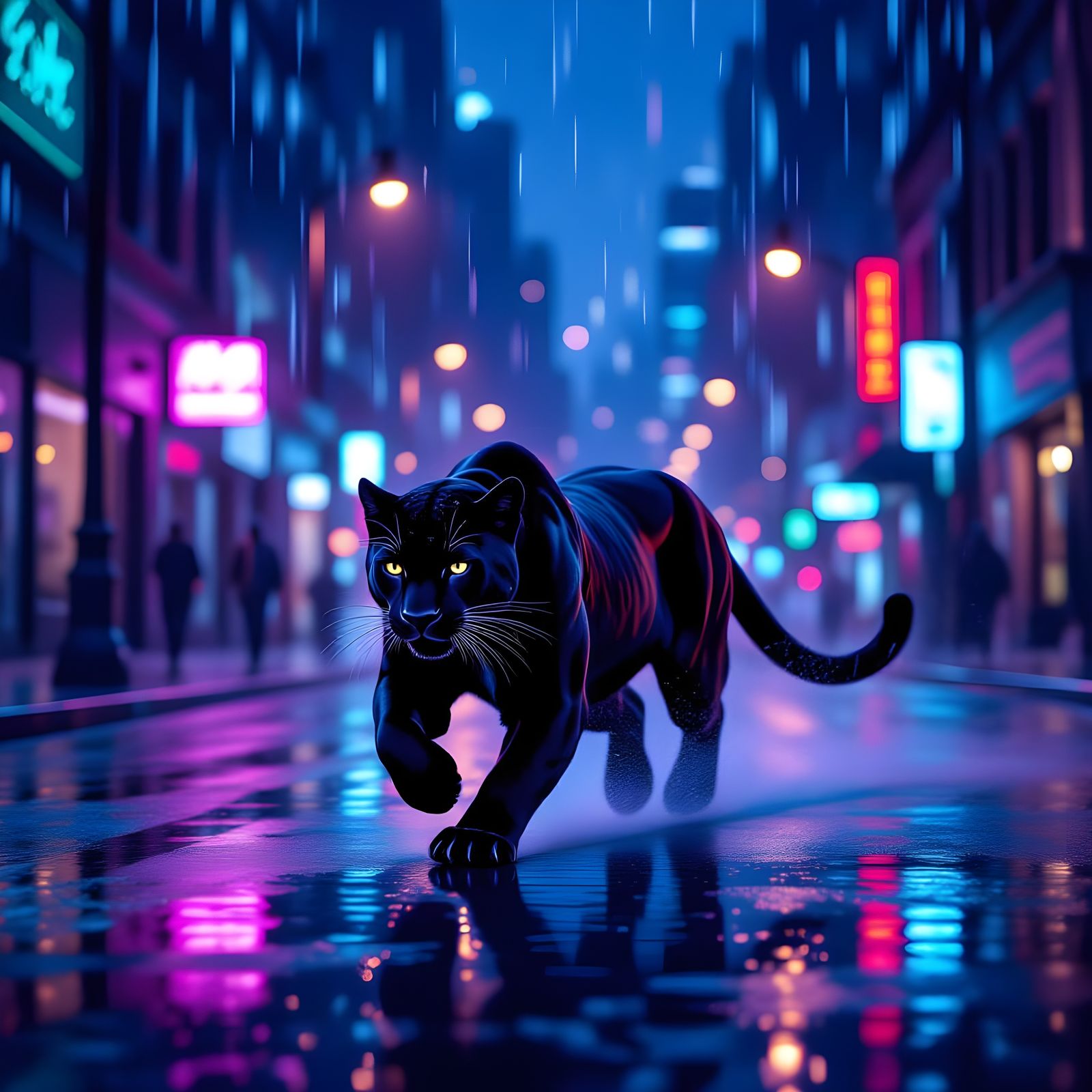 Sleek Panther Runs Through Neon City Streets at Night