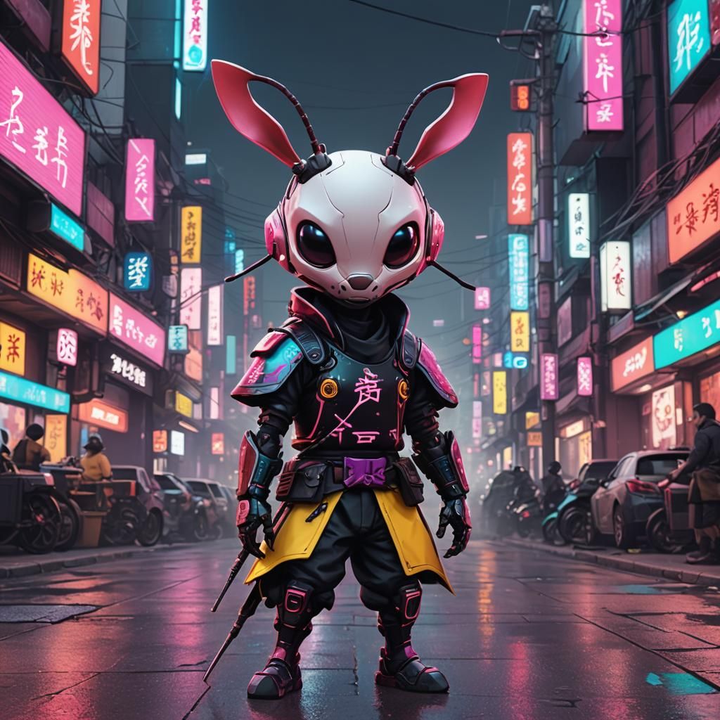 Cyberpunk Samurai Ant on Neon Street
