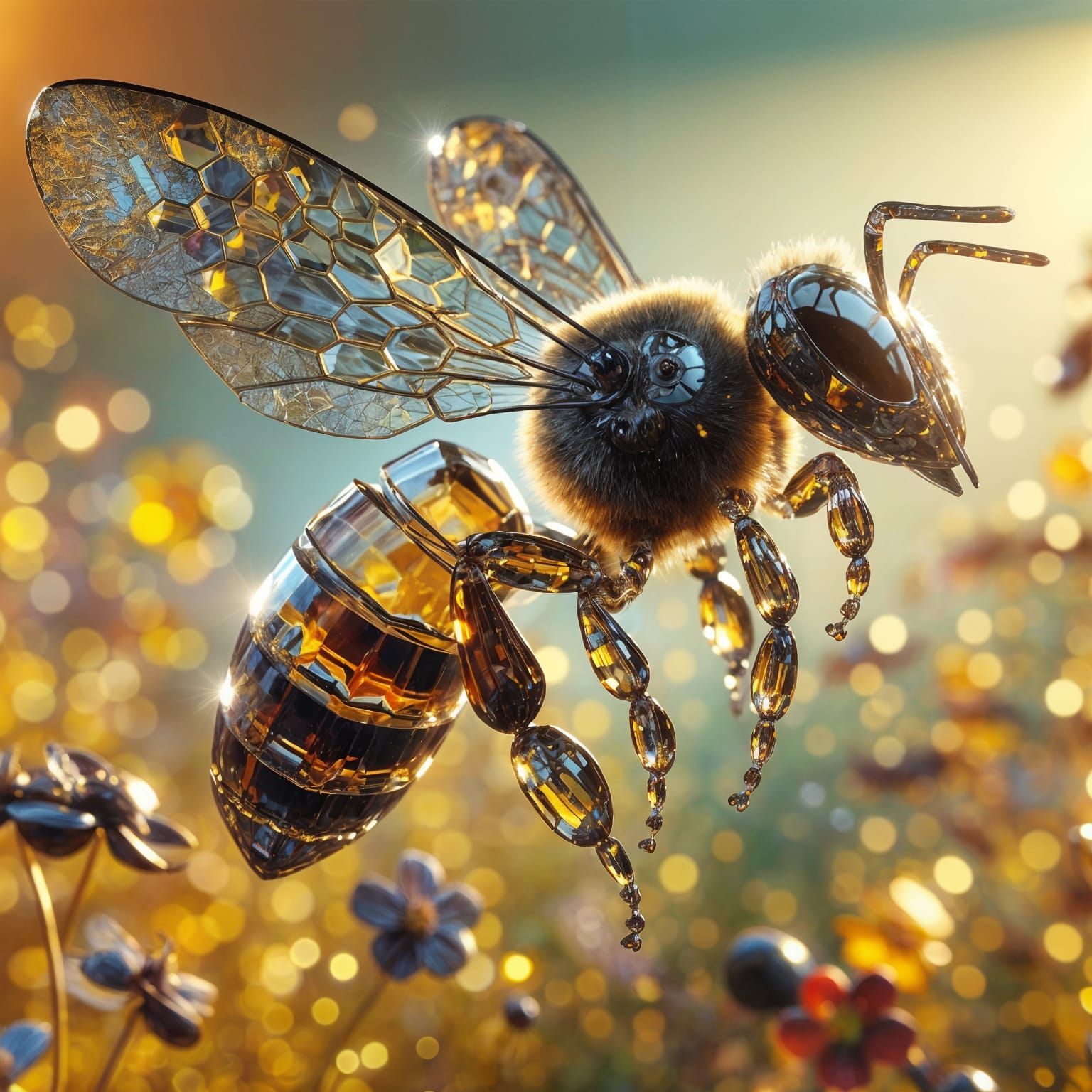 Crystal Glass Bee in Flight: 3D Photorealistic Image
