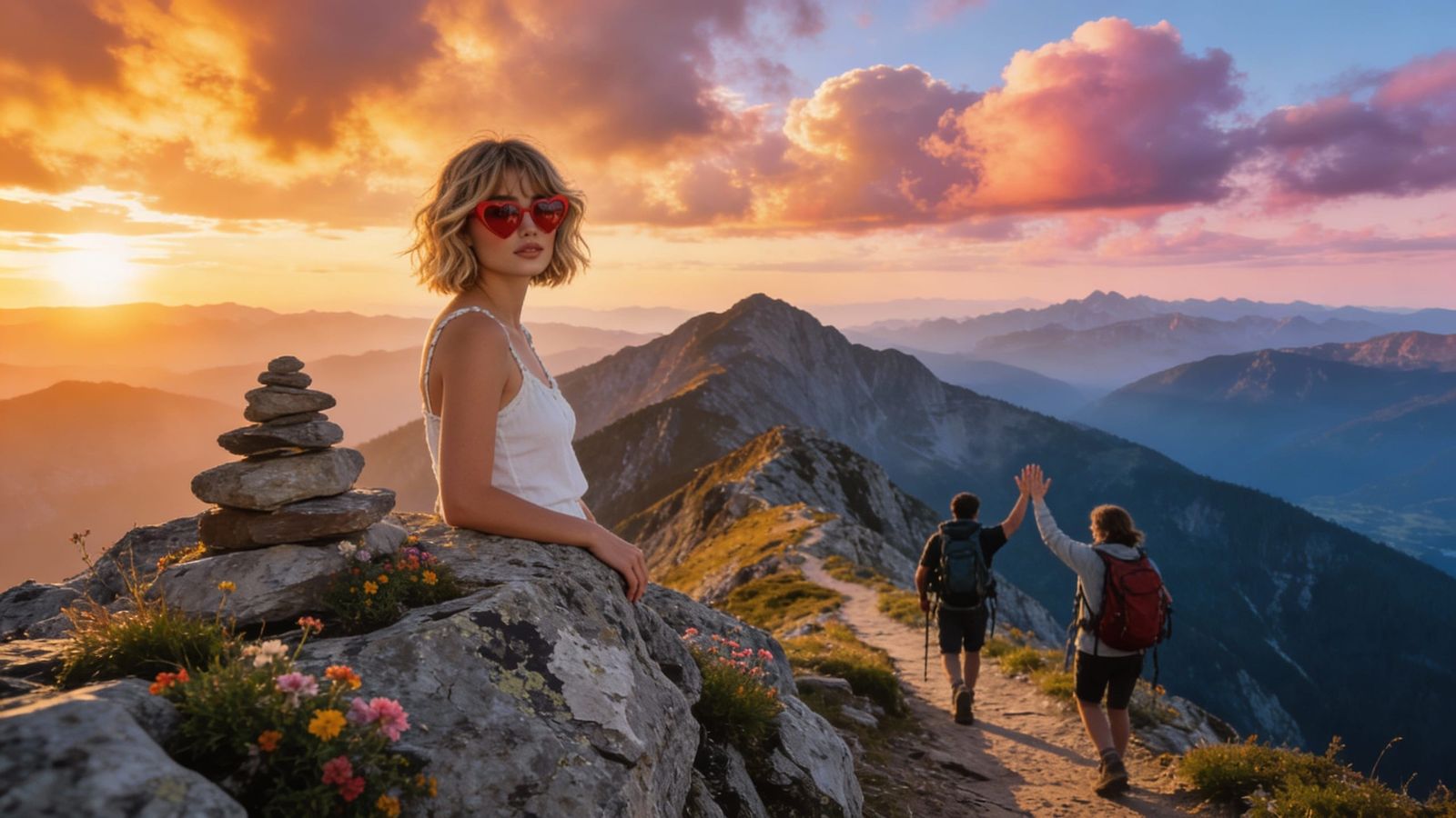 Woman Celebrates Mountain Summit Victory at Sunset
