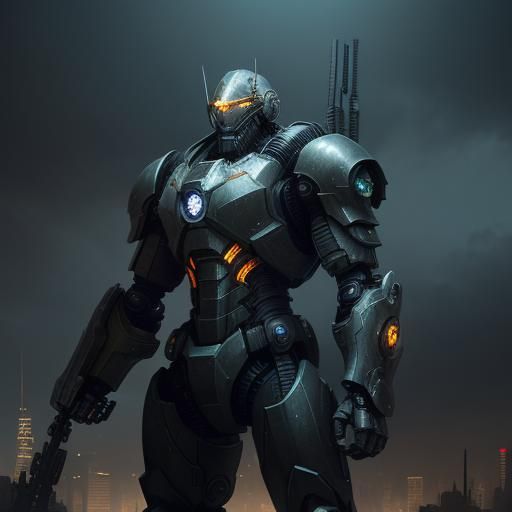 Heroic Mech Warrior in Post-Apocalyptic Cityscape