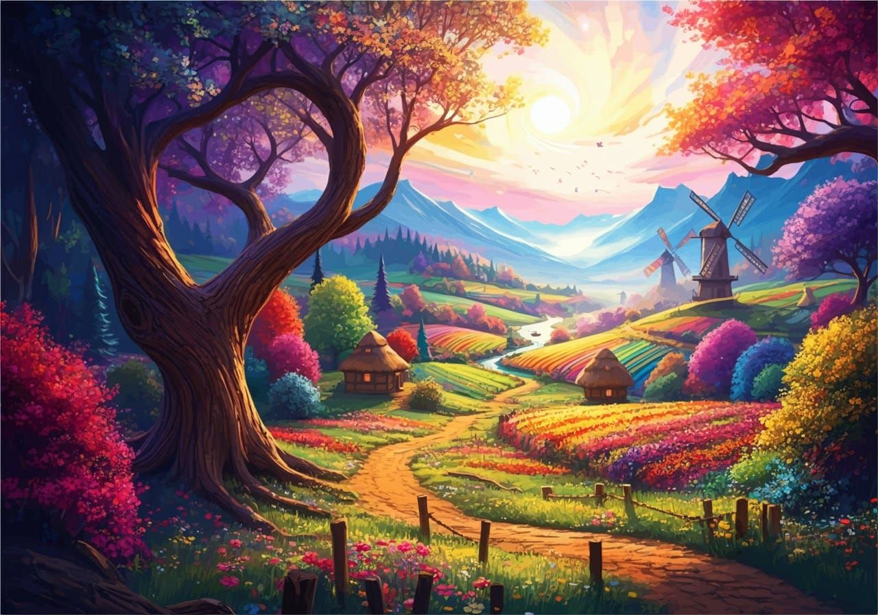 Vibrant Landscape with Iridescent Trees, Superflat Style