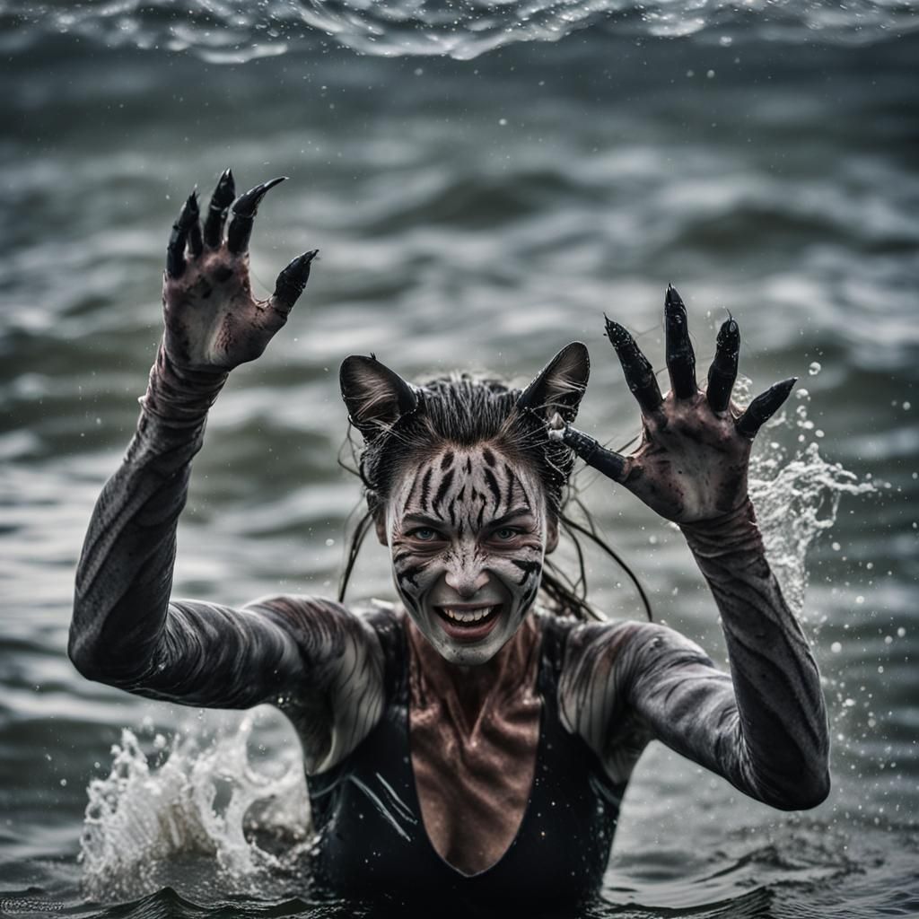 Feline Fury: Cat Woman Emerges from the Depths