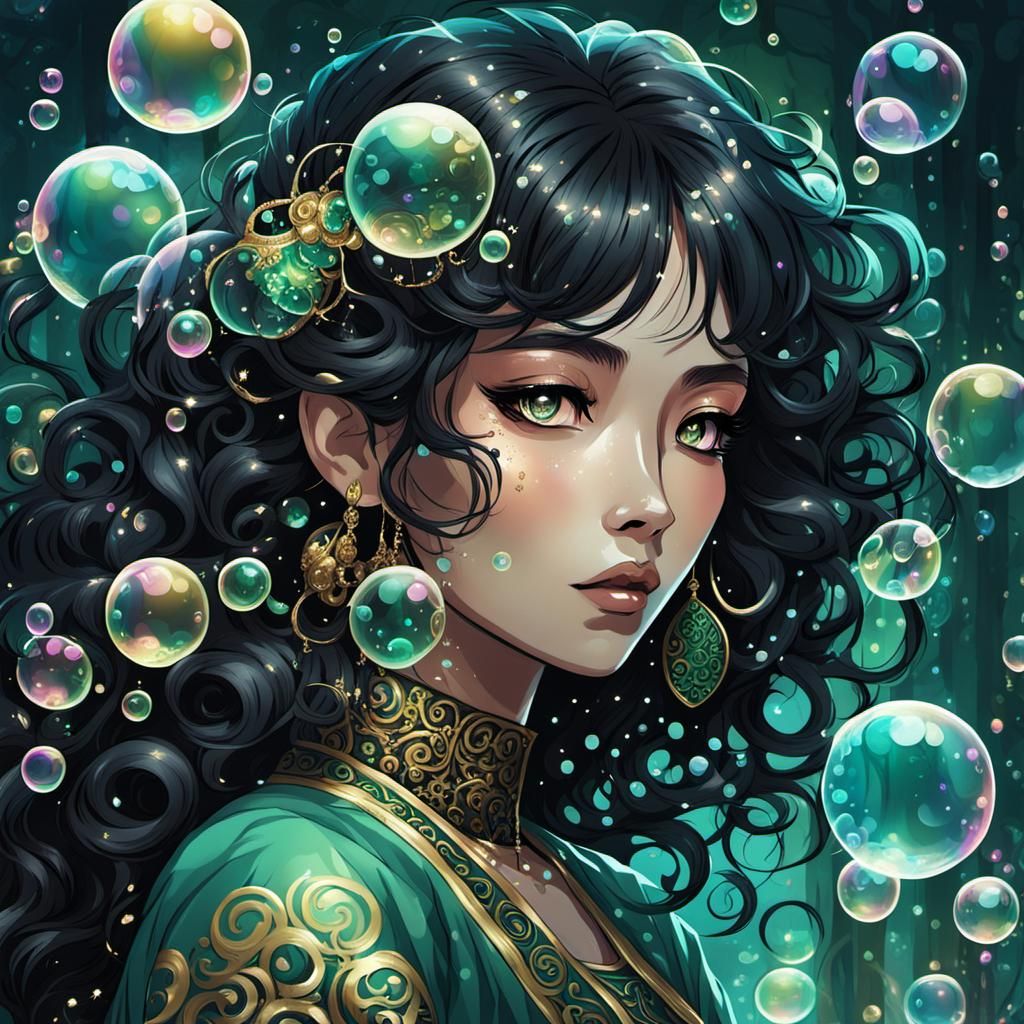 Girl with Bubbles in Colorful Fantasy Manga Style