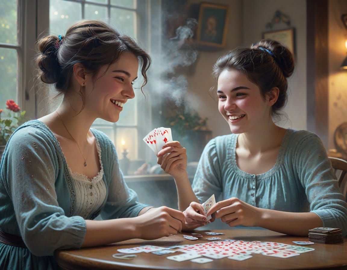 Ethereal Mist: Girl and Grandmother Laughing Over Cards