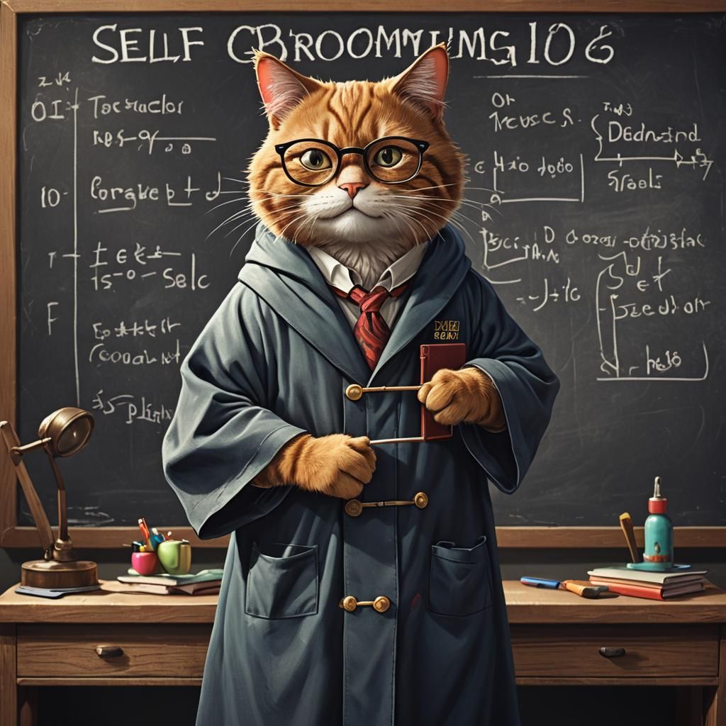 Cat Professor Teaching Self-Grooming in Cartoon Style