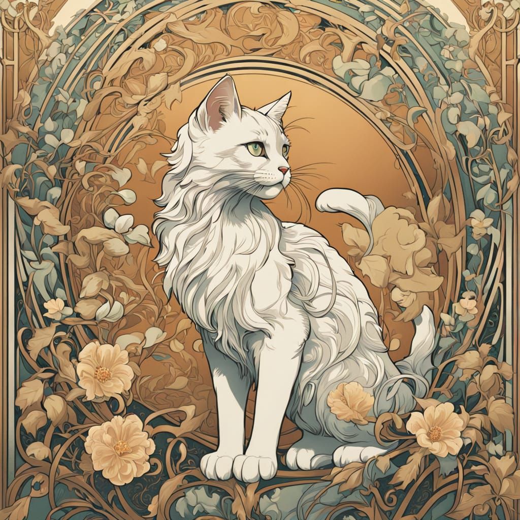Elegant Art Nouveau Kitten Amidst Whimsical Florals