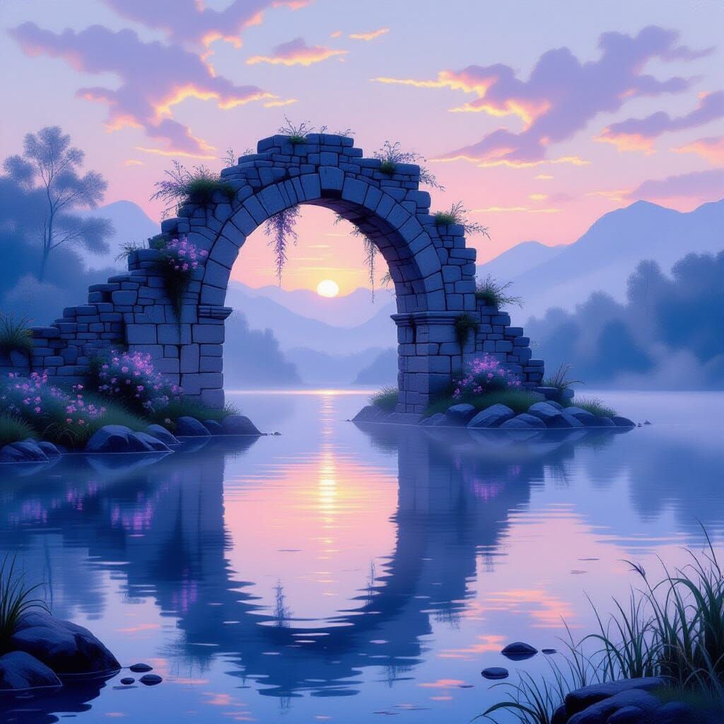 Luminescent Archway in Misty Lake at Dawn