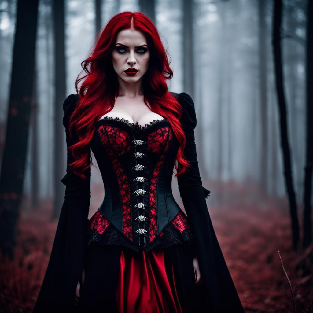 Redhead Vampire in Dark Forest: Photorealistic Portrait