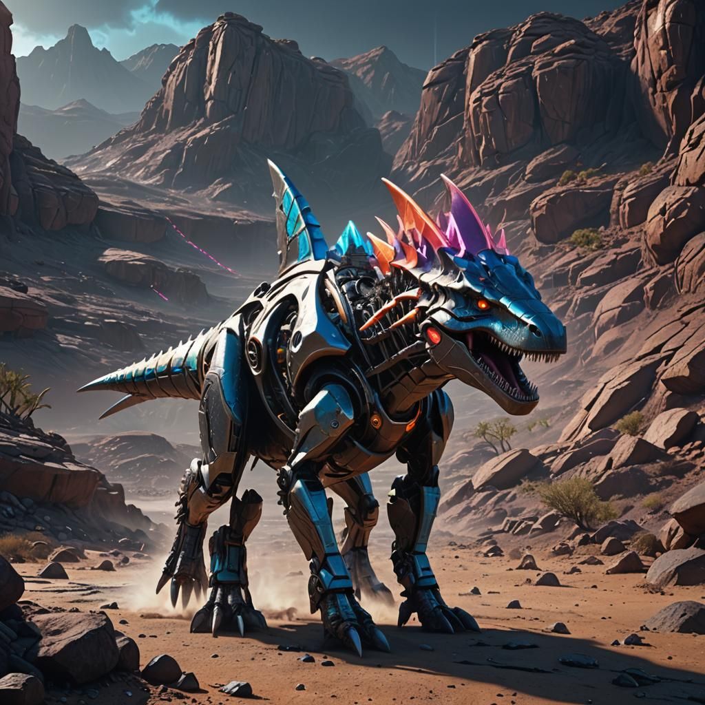 Futuristic Biomechanical Dinosaur-Shark Hybrid on Barren Ter...