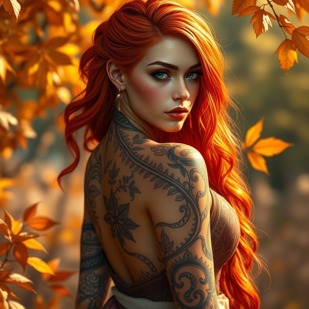 Eladrin Bard with Autumn Tattoos as Detailed Matte Painting