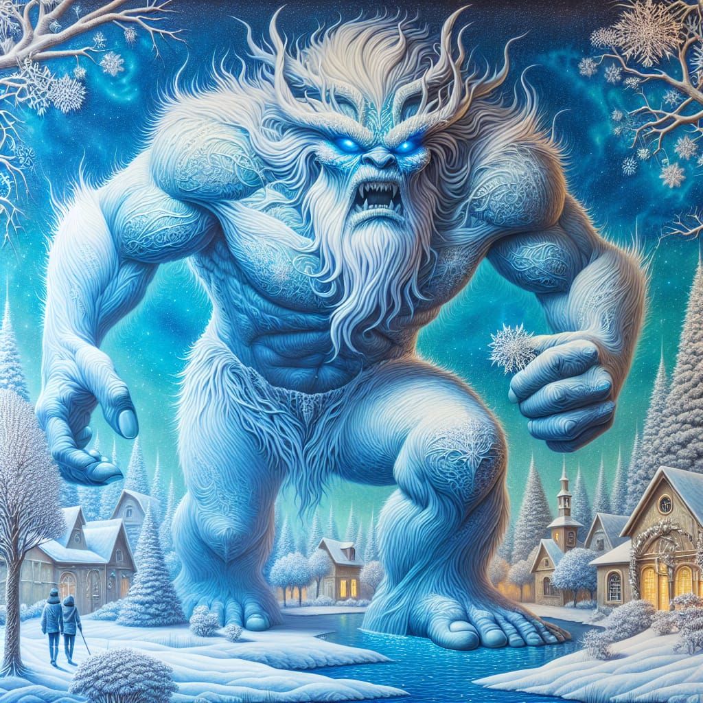 Ethereal Frost Giant in Quaint Village Landscape