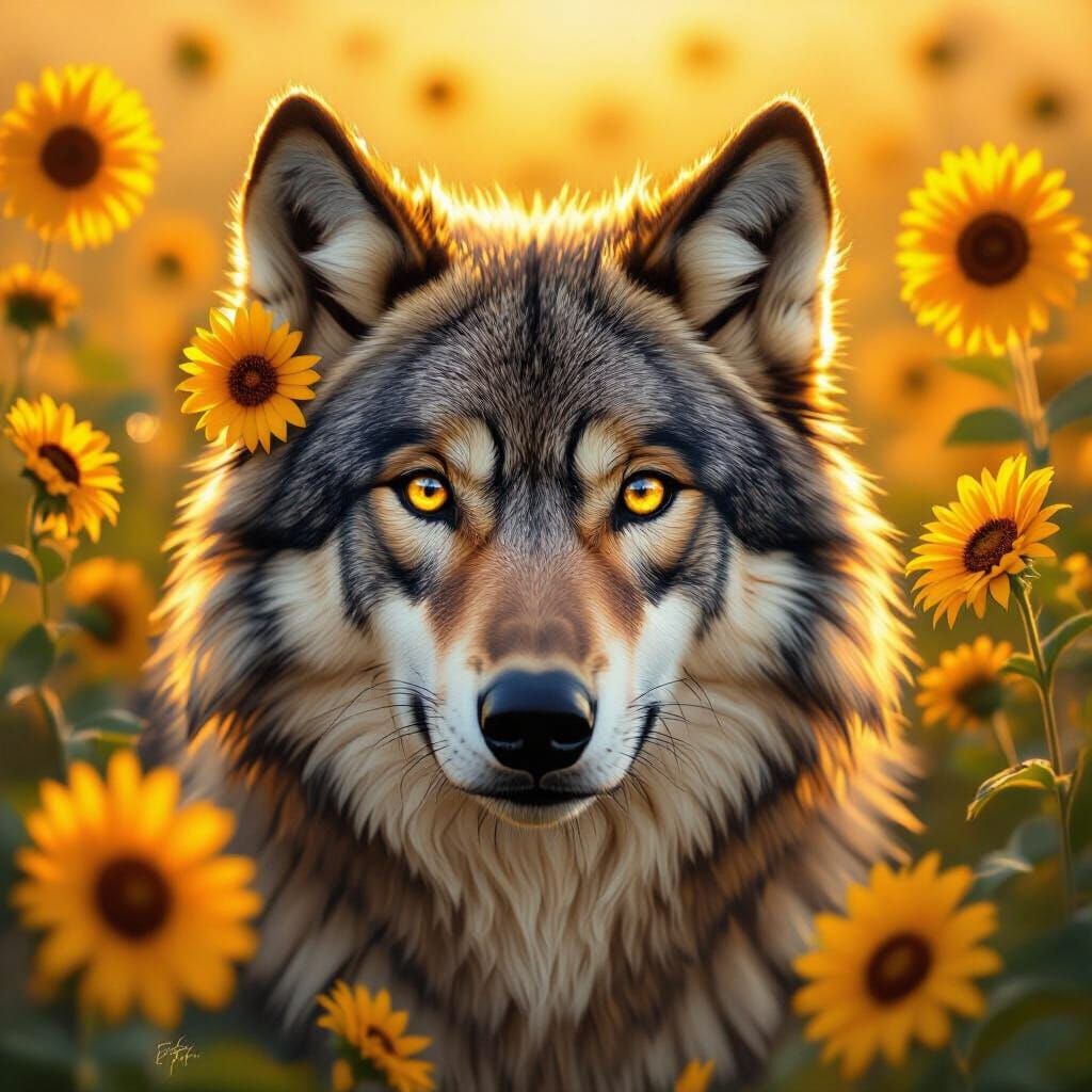 Golden Wolf Portrait in Dreamy Digital Art Style