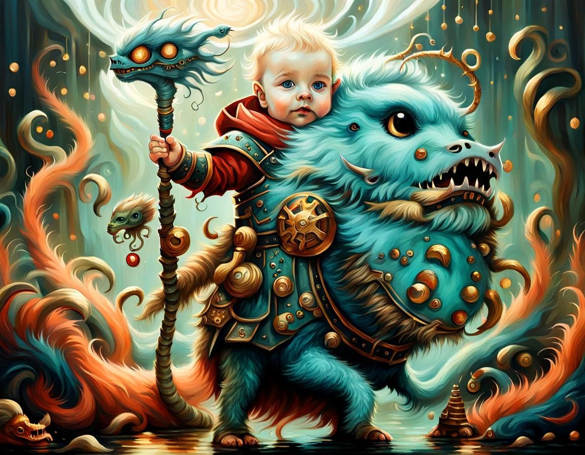 Futuristic Viking Baby with Hydra in Tim Burton Style