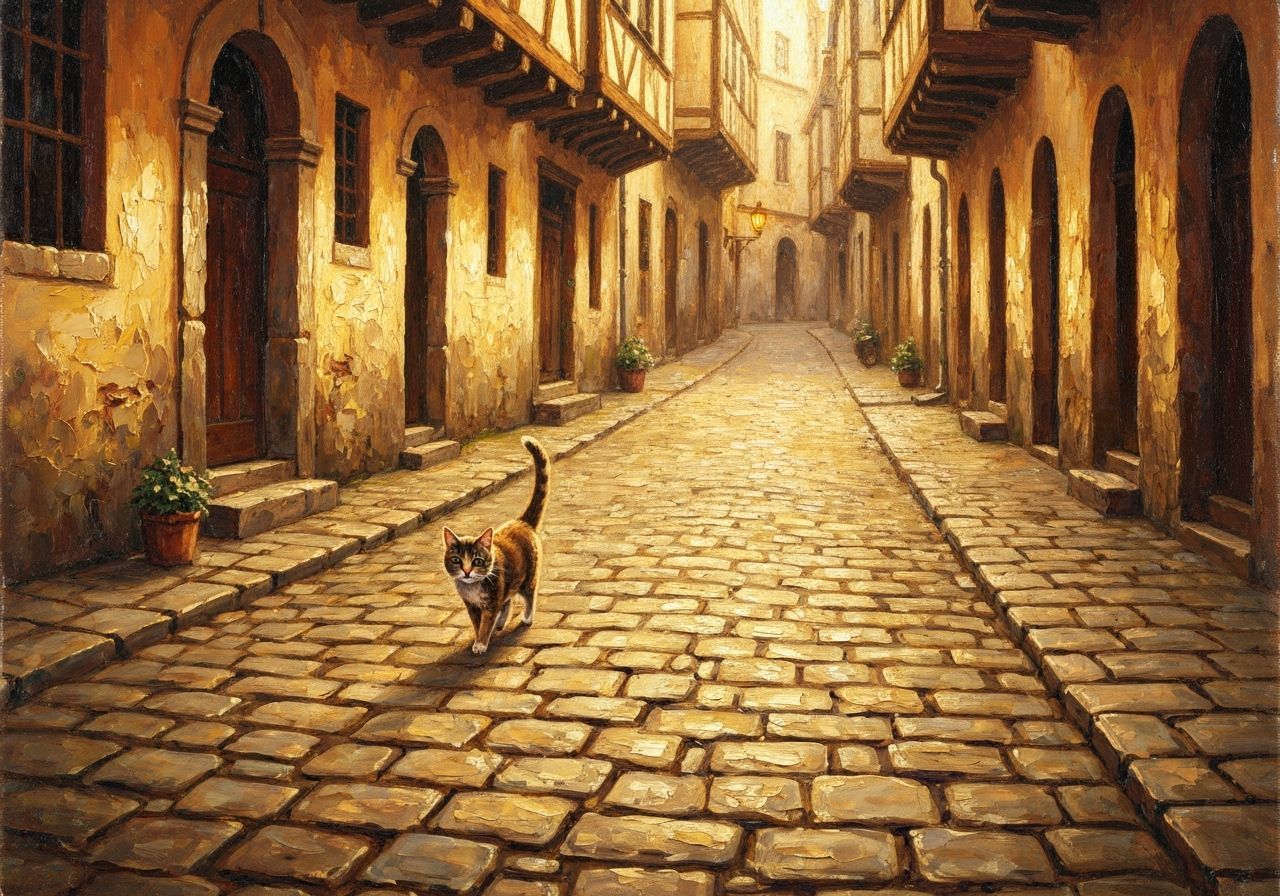 Impressionist Cat on Cobblestone Streets in Golden Light