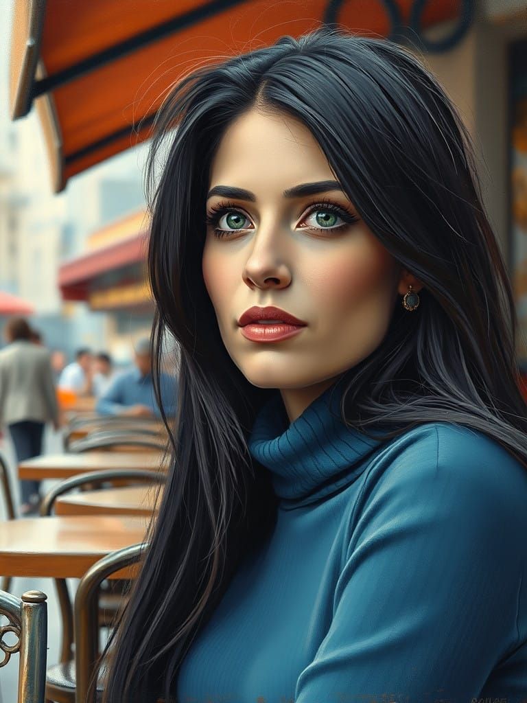 Beautiful Woman in Blue Turtleneck, Looking Off into the Dis...