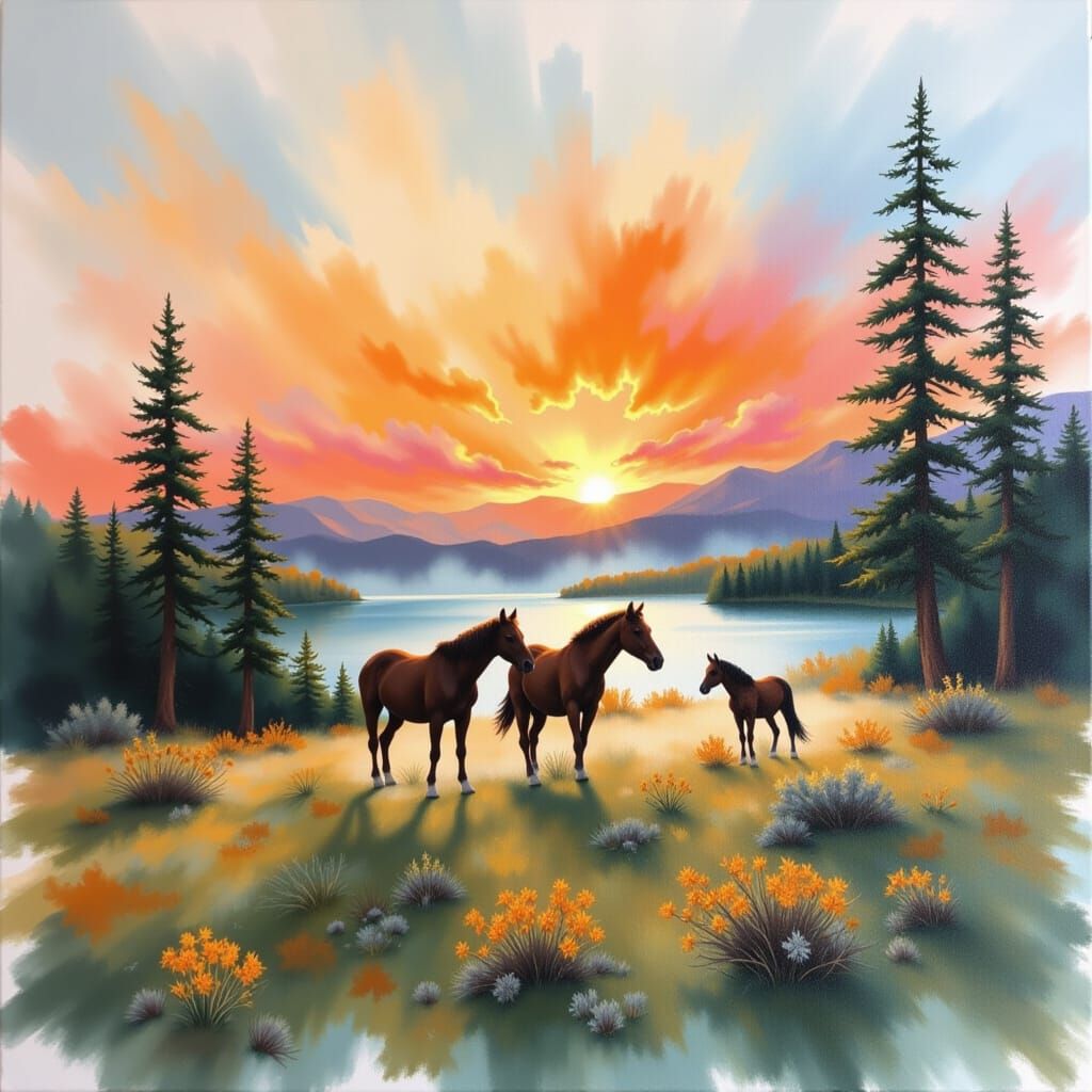 Cowboys and Horses at Dawn in Painterly Style