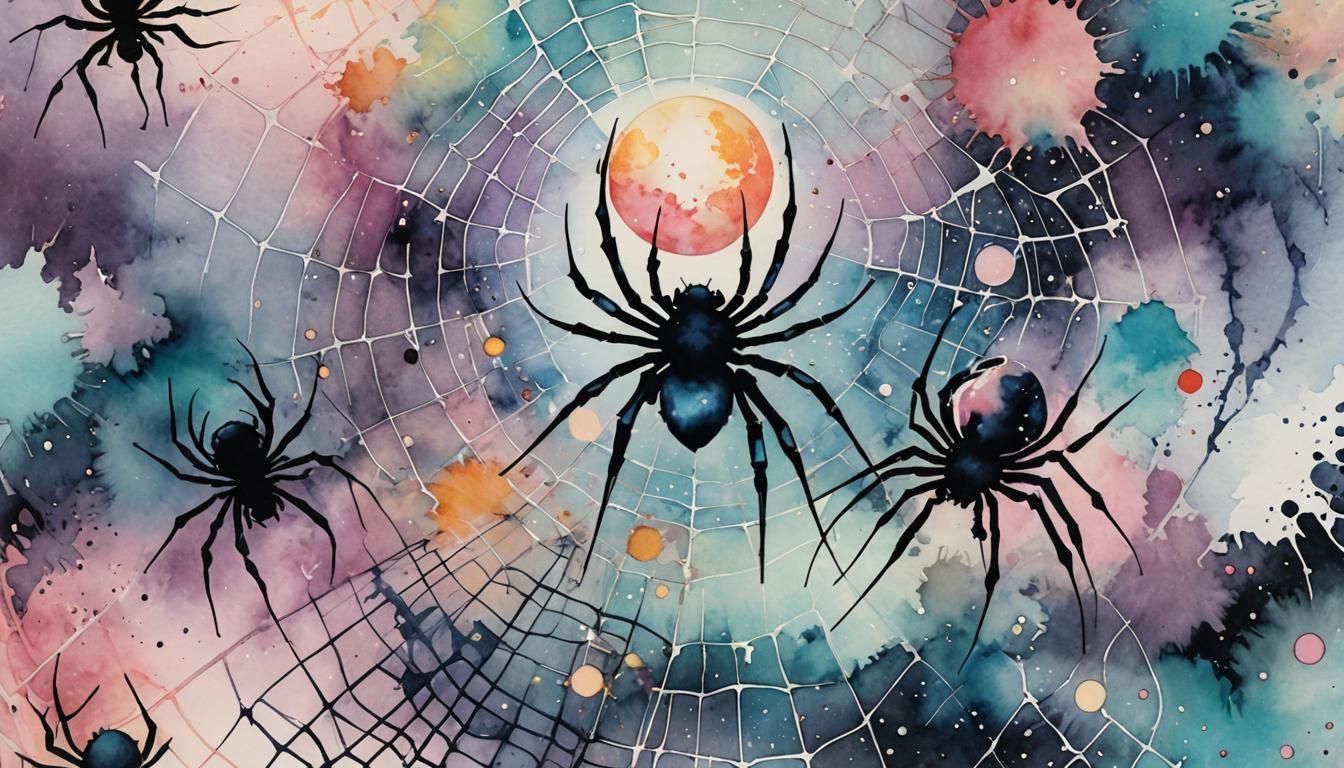 Spider space explorer!!! Crater moon!!! Starry sky!!!  : metallic vectorized interface | inkblot fluid gouache splash ar...