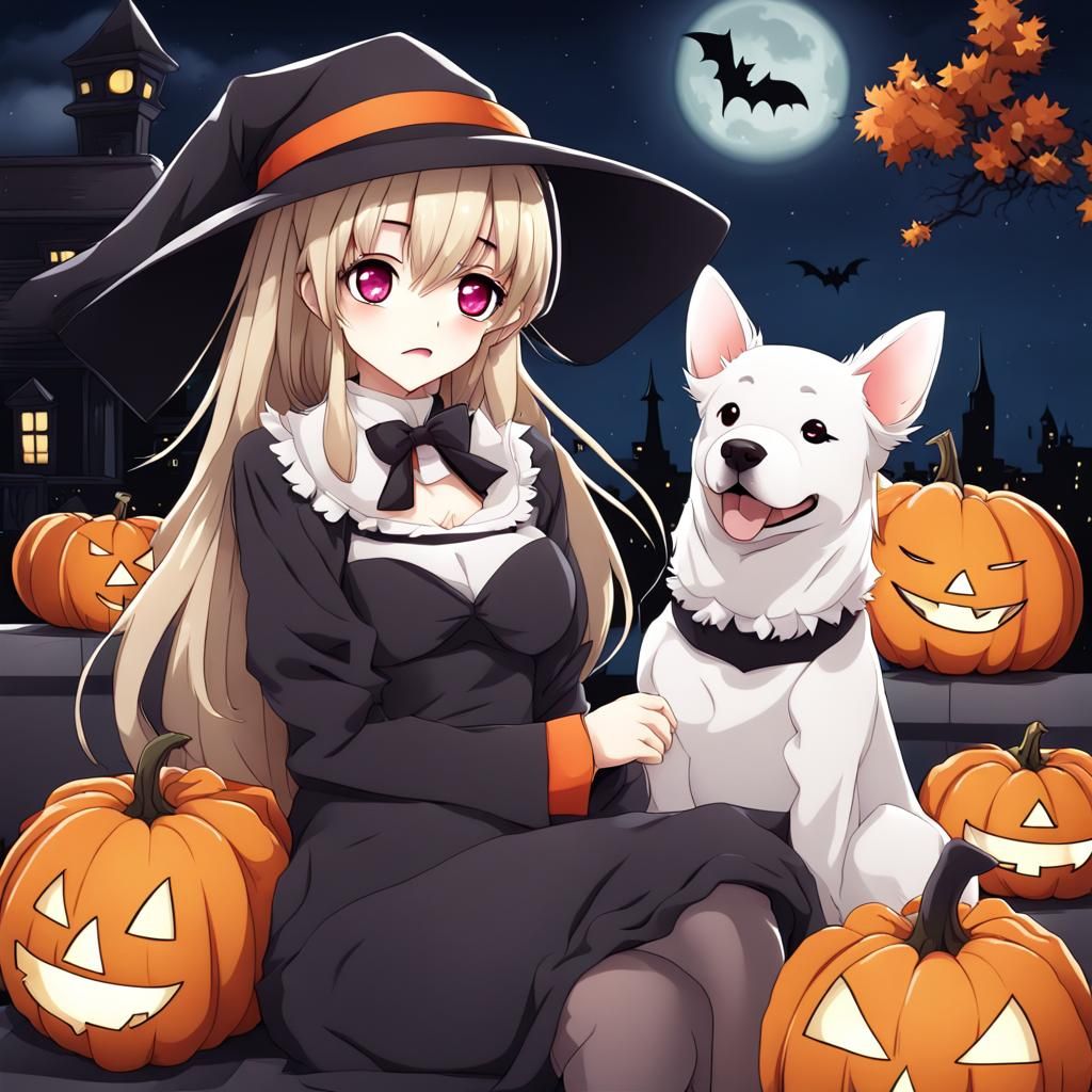 Cute Dog Girl on Halloween Night in Anime Style