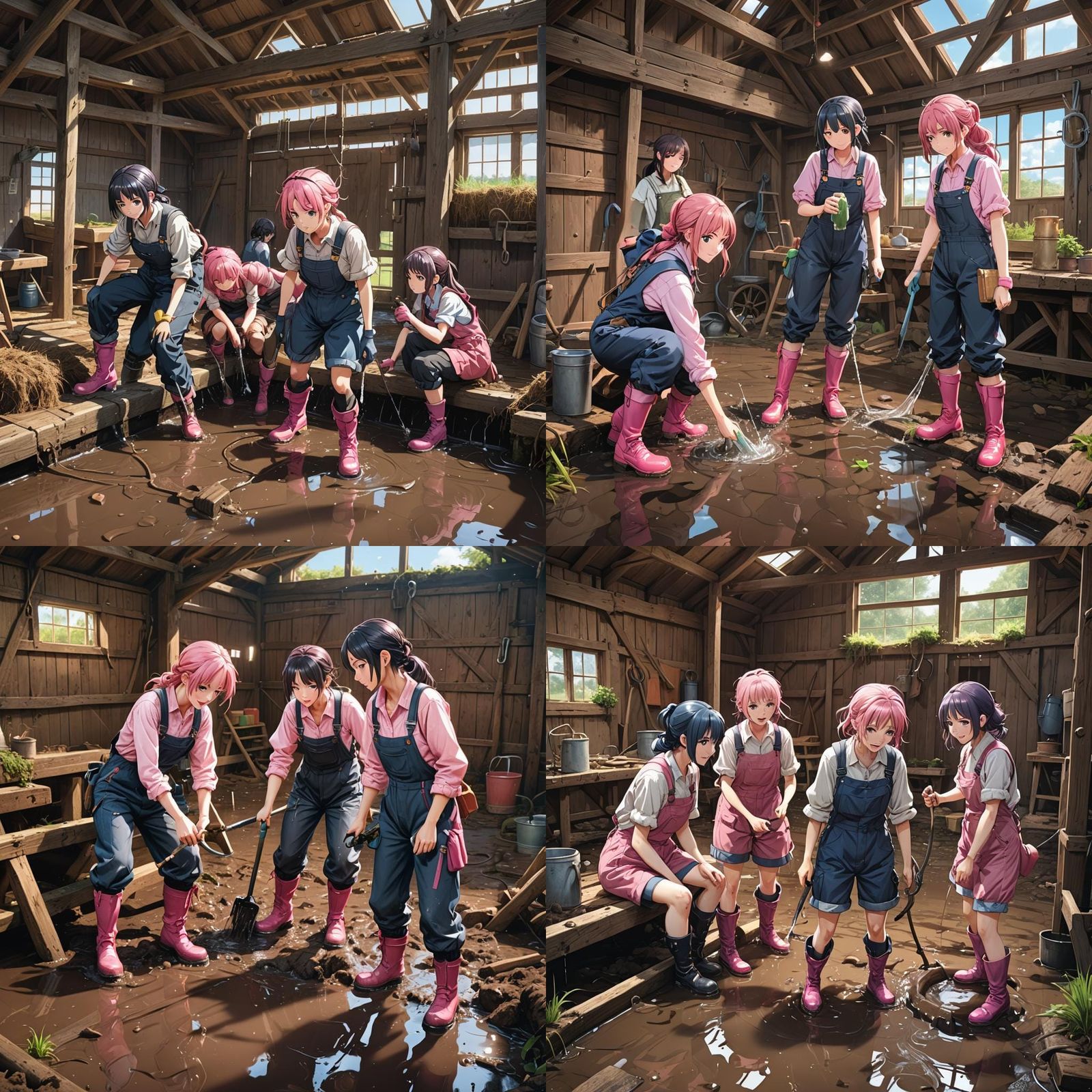 Anime Girls Repairing Pipe on Flooded Farm