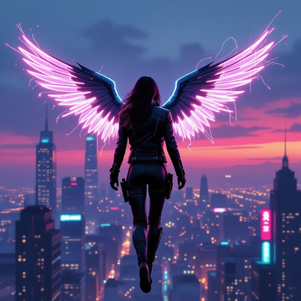 Cyberpunk Angel Soaring Over Neon Cityscape