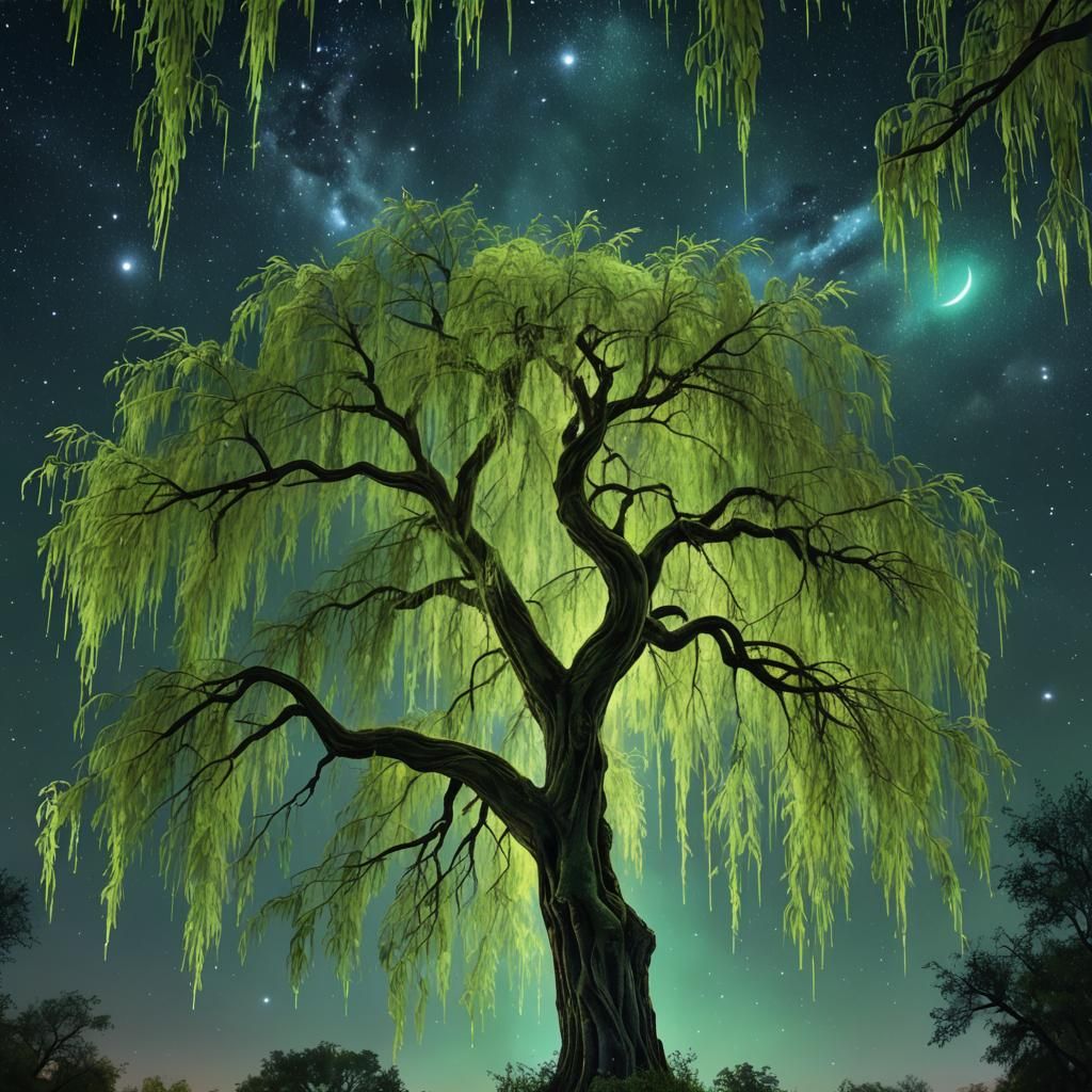 Green Willow Under Starlight in Digital Painting Style