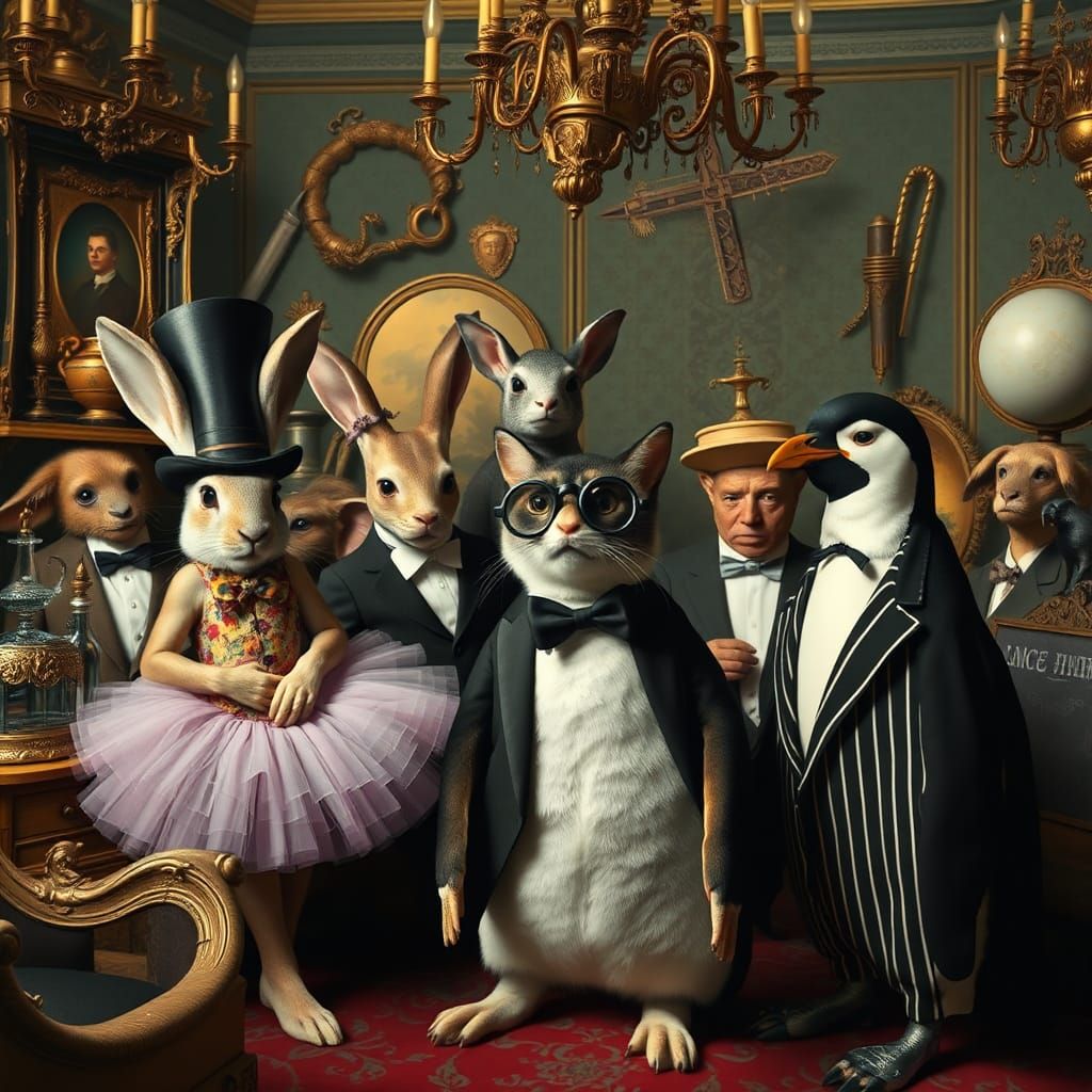 Eccentric Animals at Surrealist Costume Party as Magritte Pa...