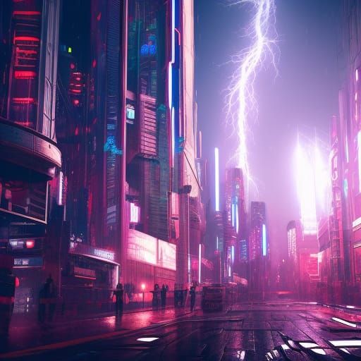 Cyberpunk City Nightscape in Electric Storm