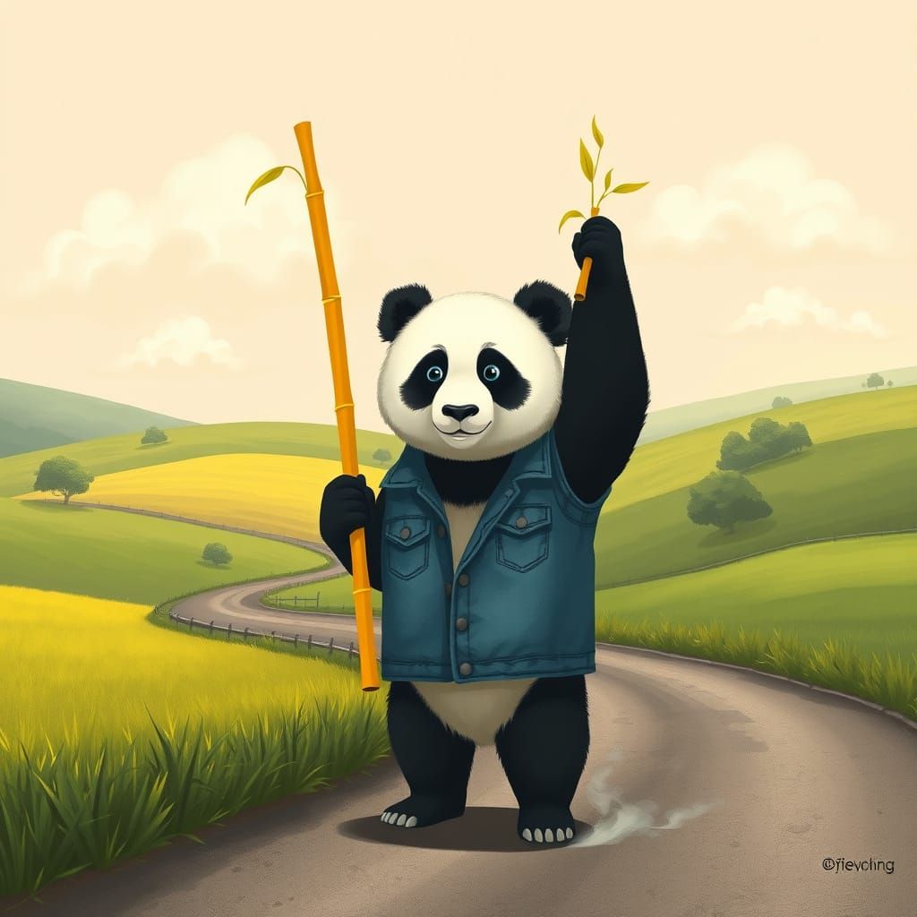 Panda on Rural Road with Bamboo Stick