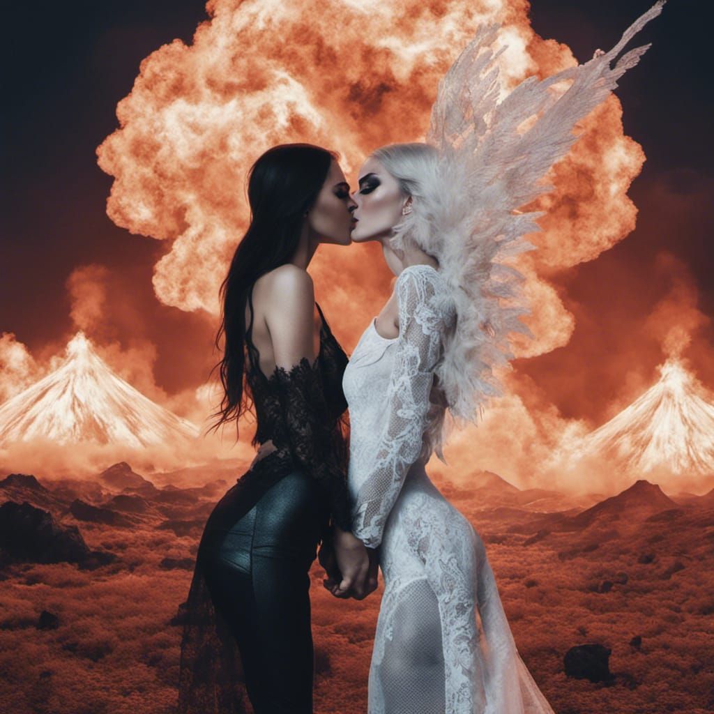 Angelic Demon Embrace Under Volcanic Moonlight